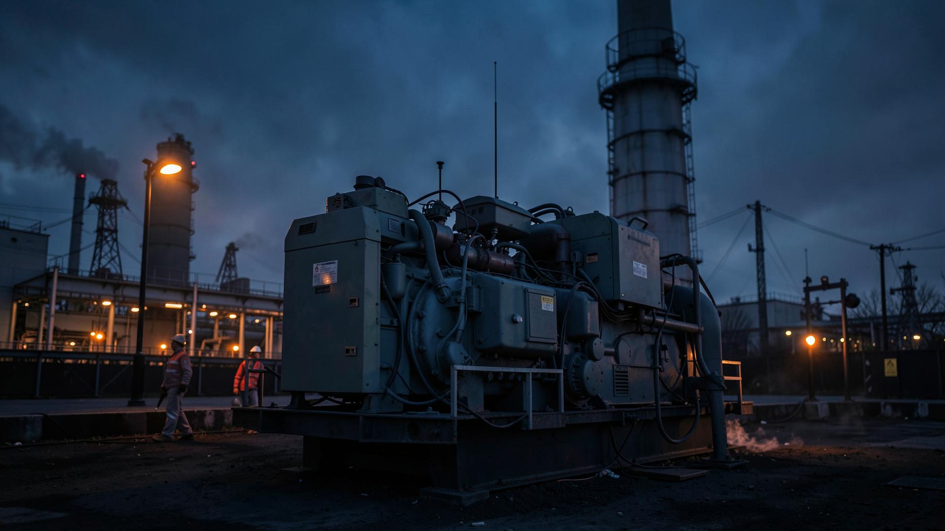 Industrial generator set running in a power plant at dusk